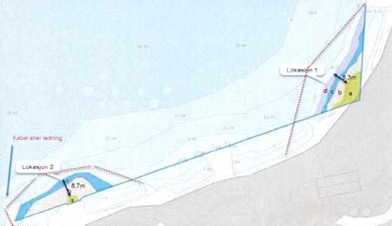 Søker har foreslått bruk av siltgardin for å hindre/redusere spredning av forurenset sedimenter (Figur 1). Figur 1: Tiltaksområdene ved kaien til Rekefjord Stone AS.