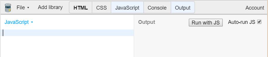 I JavaScript skriver vi koden I Output vises websiden Når du starter er begge fanene tomme. Steg 2: Lage en ball Vi skal bruke JavaScript til å lage innholdet på websiden.