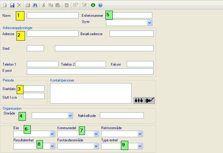 4.1.1 Registrere obligatoriske opplysninger om enheten Skriv inn navn og adresseopplysninger for enheten. (1 og 2) Oppgi startdato for enheten. (3) Område (4) (området enheten ligger i). 4.1.2 Ikke-obligatoriske opplysninger Foruten de ovenstående obligatoriske opplysningene kan det også registreres opplysninger som det er ønskelig å få ut på rapporter.