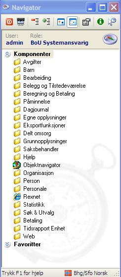 Navigatoren viser lengst opp hvilken "rolle" du er knyttet til i rettighetssystemet. Trykk på Komponenter for å se mappene du har tilgang til.