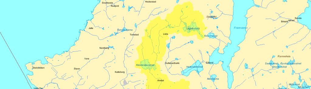 Figur 1. Nesheimvassdraget med nedbørfelt (markert med gult). Kilde: NVE-Atlas. Tabell 2. Arealfordeling i ulike delnedbørfelter i Nesheimvassdraget. Benevning: km 2.