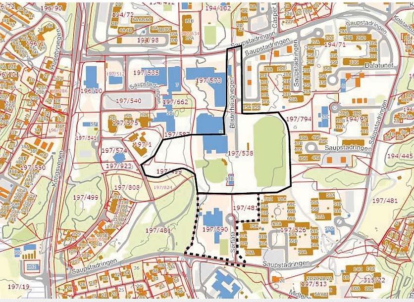 Nord for barne-/ungdomsskole etableres ny Heimdal videregående skole. Forslag til planavgrensning ved planoppstart er vist under.