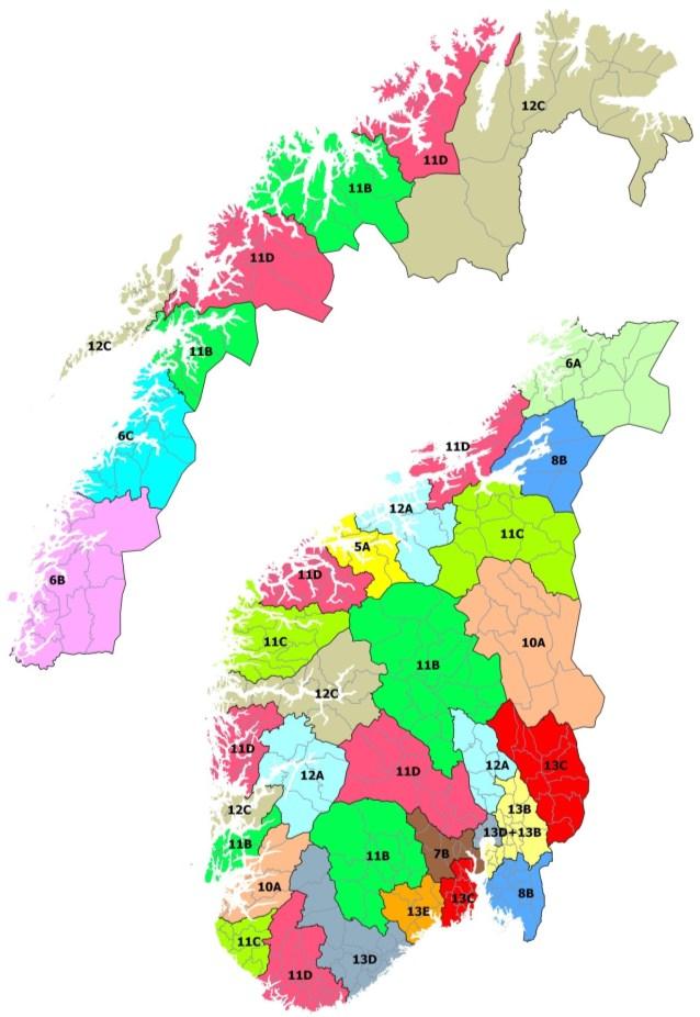 Figur 1 - Kart som viser oversikt over frekvensallokeringer og lokalregionnummer for Lokalradioblokka 1 2.3 Varighet Frekvenstillatelsene og anleggskonsesjonene skal gjelde fra 1.