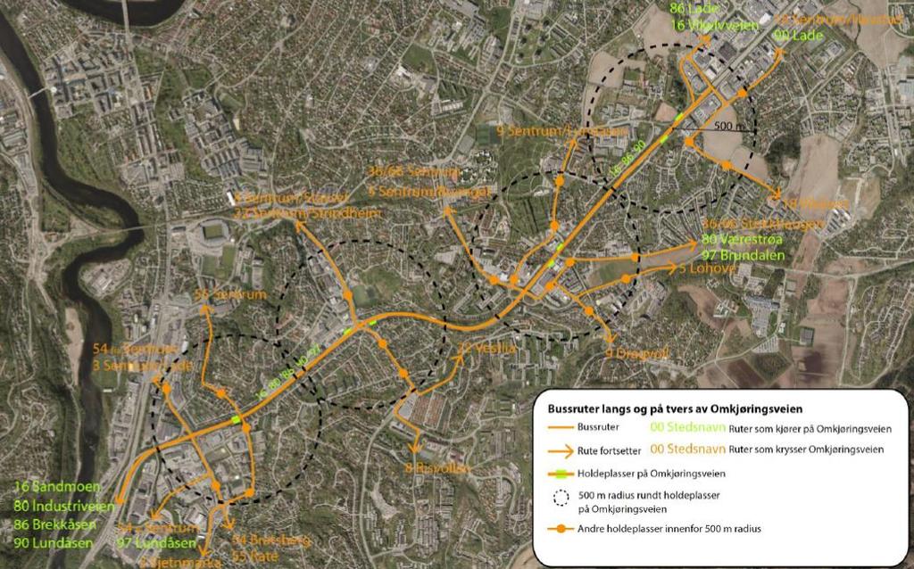 E6 Holdeplasser Sluppen Skovgård Figur 15 Bussruter langs og på tvers av Omkjøringsveien Dagens holdeplasser er bygd samtidig med Omkjøringsvegen og tilfredsstiller ikke dagens standarder.