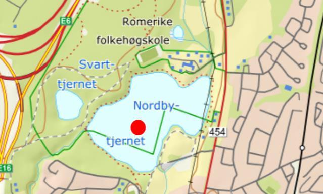 3. Resultater Kartutsnittet under viser beliggenheten til Nordbytjernet. Prøvene ble tatt innenfor innsjøens dypeste område (rød sirkel). Lokalitet: Koordinater (UTM 32): Areal: Maks.