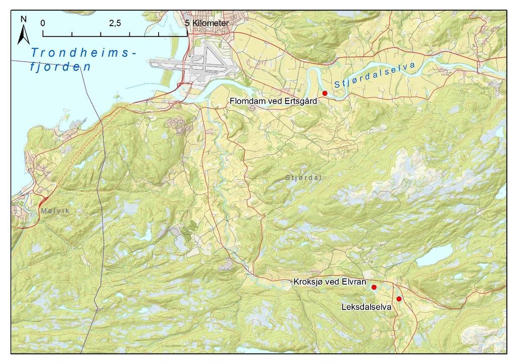 2 Studieområde Totalt ble det undersøkt 24 lokaliteter; tre i Stjørdal (figur 1), tre i Steinkjer (figur 2), tre i Snåsa (figur 3), én lokalitet i Overhalla og to lokaliteter i Grong kommune (figur