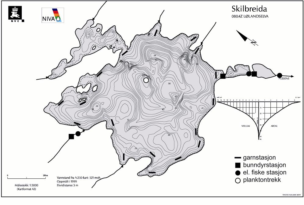 Figur 121. Kart over Skilbreida med markering av prøvetakingsstasjonene. Tabell 66. Morfologiske og hydrologiske data for Skilbreida. Data fra NVE.