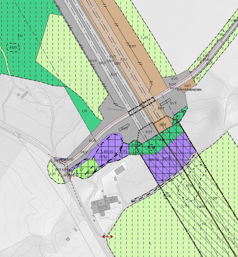 Figur 26 Planen viser anleggsområdet som krysser Selteveien og kryss mellom Selteveien og fv.158. Sikkerhetsproblemer Siktproblem pga vegetasjon (åker) i kryss E16.