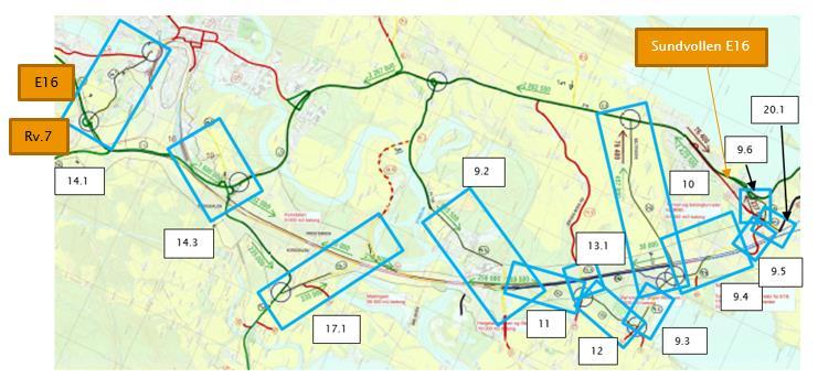 2 Analyseobjekt Prosjektet E16 og Ringeriksbanen har gjort en totalvurdering av hele vegnettet i området og delt dette inn i lenker. Grønne veger er vurdert akseptable for anleggstrafikk.