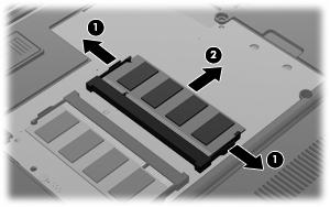 9. Slik tar du ut minnemodulen: a. Løsne festeklipsene (1) på hver side av minnemodulen. Minnemodulen vippes oppover. FORSIKTIG: For å unngå skade på minnemodulen må du bare holde den i kantene.