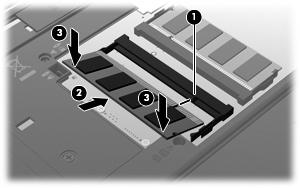 c. Dytt minnemodulen (3) forsiktig ned ved å trykke på både venstre og høyre side av minnemodulen, helt til festeklipsene klikker på plass. 11.