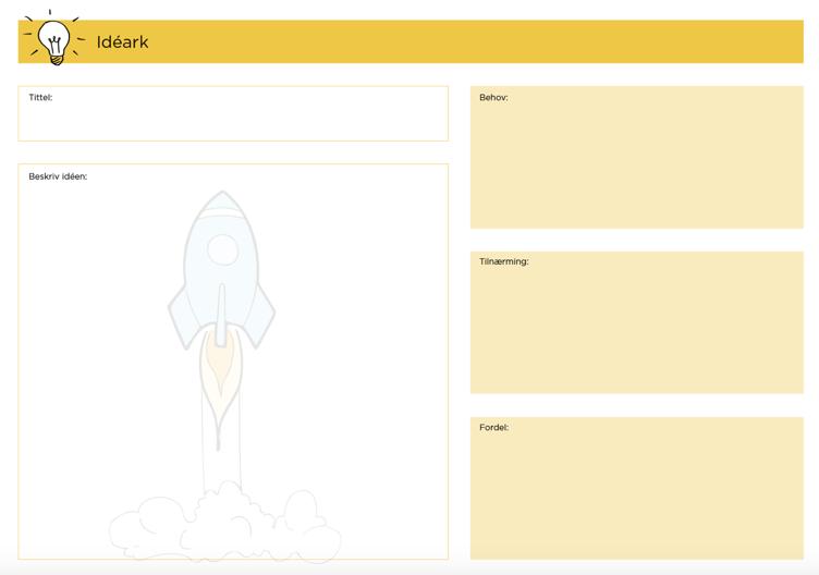 Veiledning for beskrivelse av utvalgte ideer Kort tittel Beskriv ideen SKRIV STORT OG TYDELIG Her kan du beskrive ideen og hvordan den fungerer I praksis.