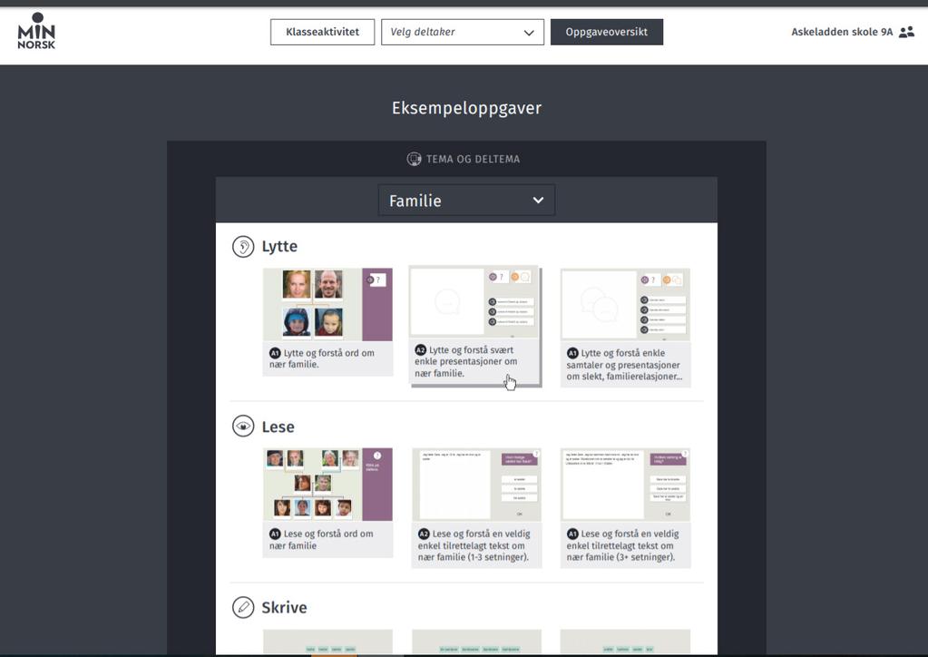 Oppgaveoversikt: Her kan du gjøre deg kjent med ulike oppgavetyper som deltakerne møter i hvert læringsmål i et enkelt deltema.