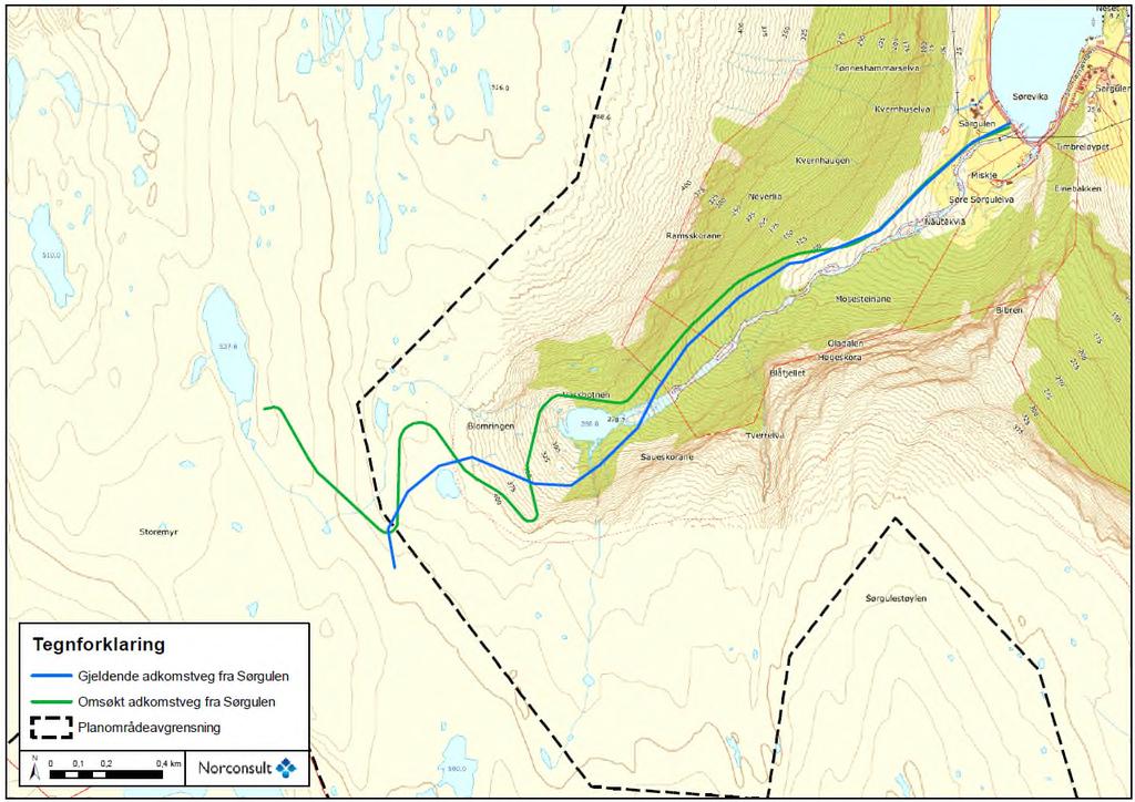 Figur 3-2 Grønn linje viser omsøkt trase for atkomstveg fra Sørgulen, blå linje viser trase i gjeldende detaljplan Gjeldende utbyggingsplaner - detaljplan Turbiner og fundamenter Vindparken er