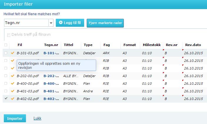 Filene vil da finne treff på eksisterende oppføringer og markerer dette med en gul avhuking.