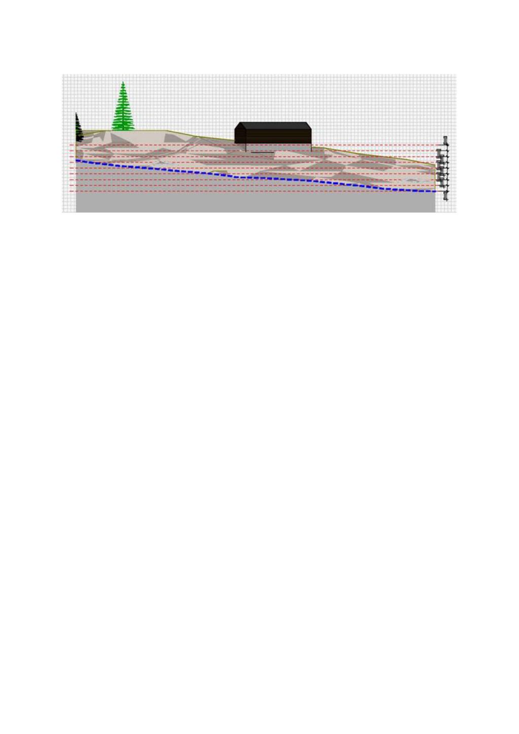 Side 12 av 12 Figur 9 : Lengdeprofil (62 m lang) langs bekken (blå linje, terreng fig 7) med 1 m høydekoter (røde stiplede linjer). Bekken er vist med blått.