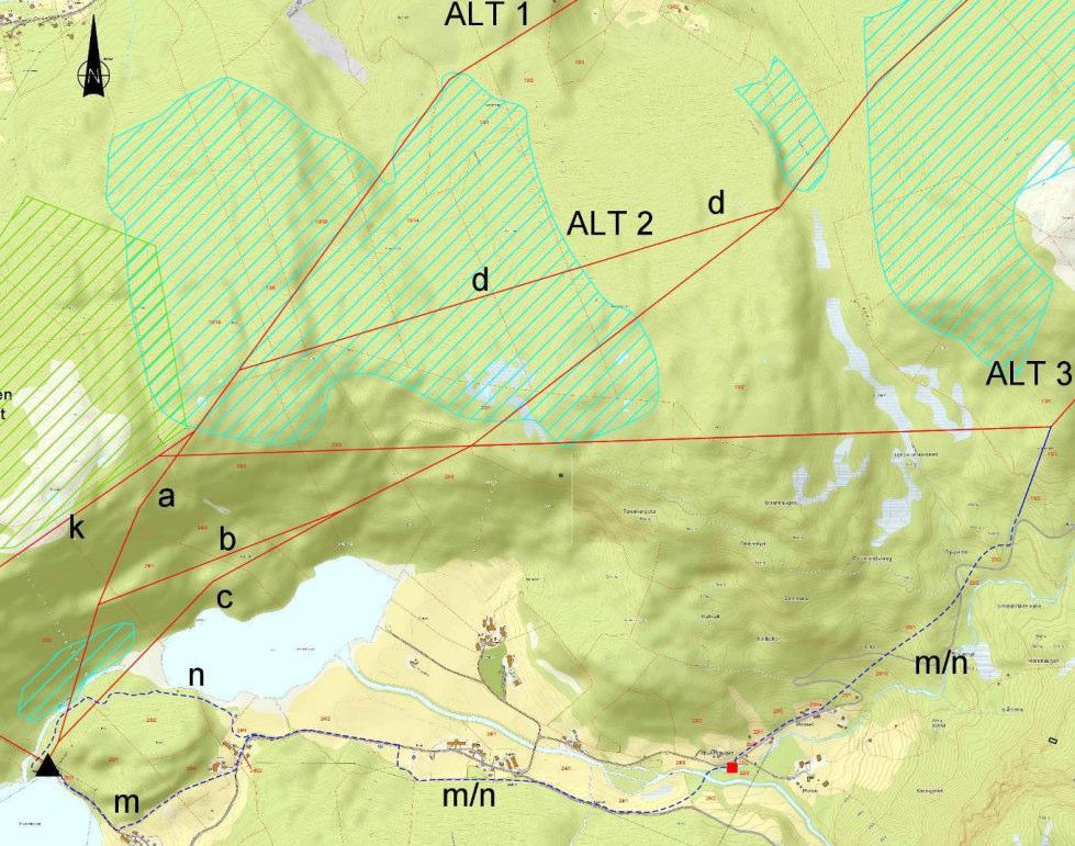 Dyrselhaugen Traseer omsøkt i denne søknaden er vist i blått (stiplet for kabel og hel strek for luftledning). Røde linjer/streker er omsøkt tidligere. Figur 3.