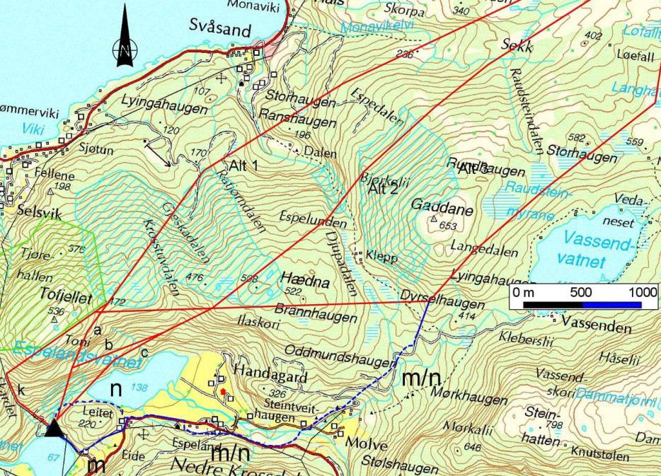 3.2 Beskrivelse av trase for ny 132 kv forbindelse etter alternativ 3-m-f og 3-n-f De vurderte traseene for ny 132 kv forbindelse mellom Eidesfossen og Herand etter trasealternativ 3-m-f og 3-n-f er