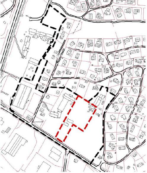 Planens begrensning. Planområdet i svart, området som omfattes av mindre endring i rødt.