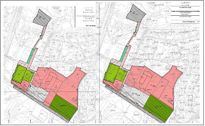 Utsnitt av gjeldende plankart (t.v), utkast til nytt plankart (t.h).
