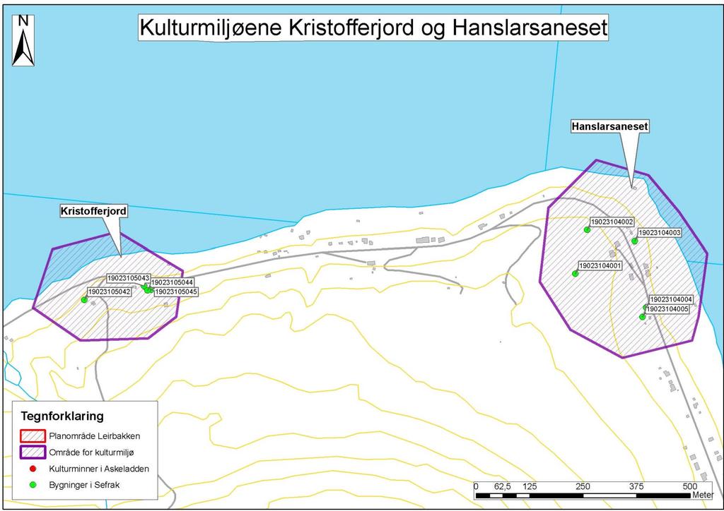 6.6 Hanslarsaneset Figur 27: Kristofferjord og Hanslarsaneset kulturmiljø. Det er registrert fem bygninger i Sefrak på Hanslarsaneset, Id 19023104001-05.