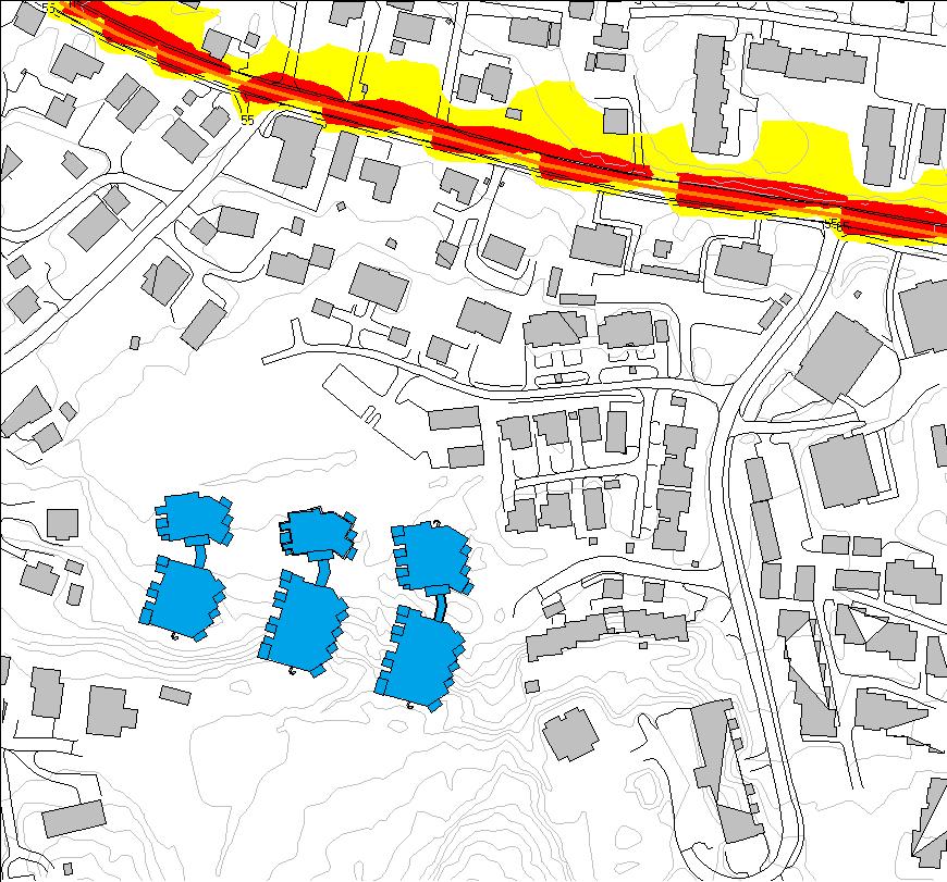 Tilsvarende støykart er utarbeidet for støynivå i 1,5 m s høyde over terrenget. Dette tilsvarer lydnivået utenfor 1. etasje og på uteområder på bakkenivå.