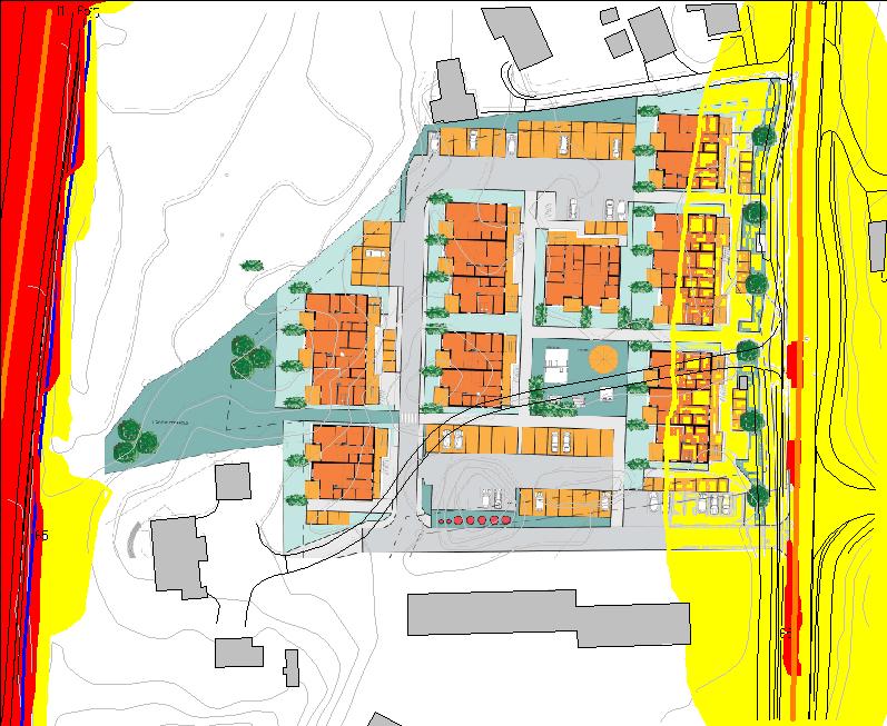 3. BEREGNINGER: Det er foretatt beregning av støysoner for området. Resultatet er vist i støysonekart på neste side. Støysonene er beregnet i både 4 m og 1,5 m over terreng.