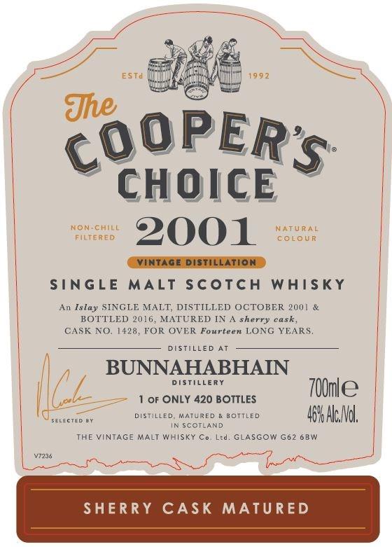 Coopers Choice Bunnahabhain 2001 14 yo En flott Bunna som har fått godgjøre seg på et godt sherryfat. Nese: Mørk sjokolade. Tørr sherry. Hint av lær Smak: Appelsinskall. Rik frukt. Touch av anis.