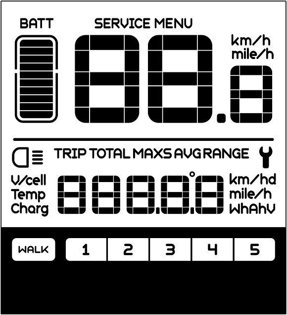 3.2 Informasjon på LCD displayet og definisjon av knapper Serviceindikator Meny Batteri nivå Hastighet Vist distanse Lykter Valgt hastighet Feilkodeindikator Distanse Walk Assist Hjelpenivå Valgt