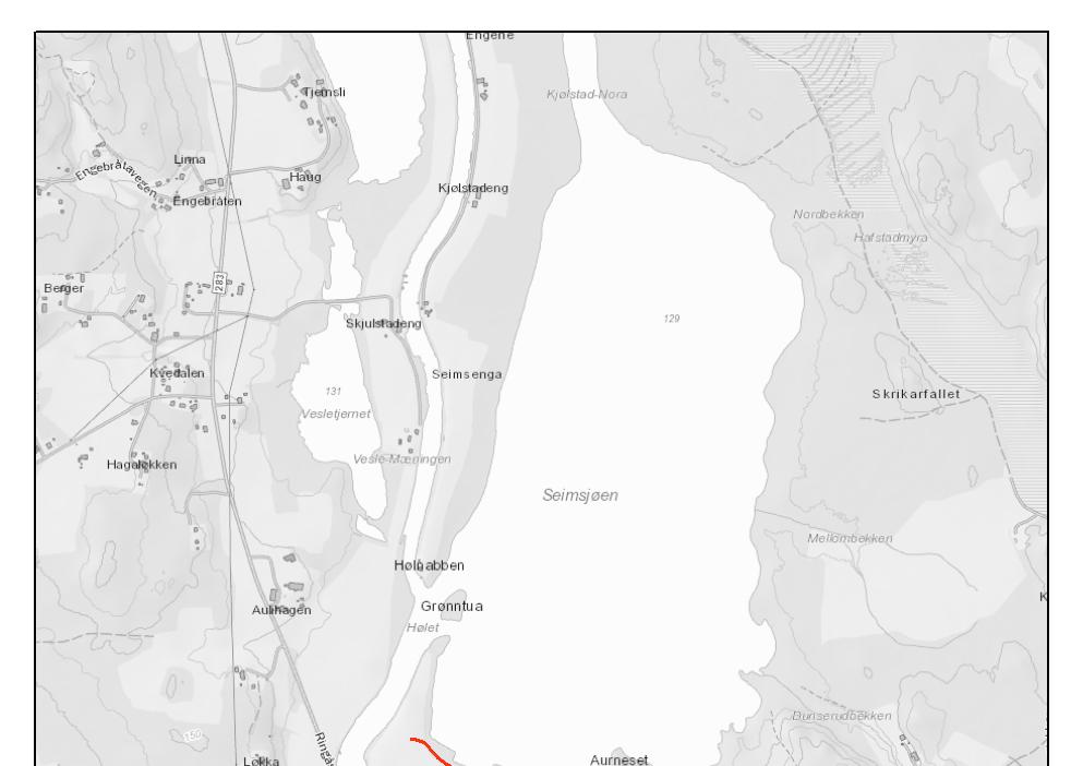 Seim flomverk (VV 9156), Sør-Odal kommune 2 Faktadel Figur 1 Oversiktskart (rød linje er basert på profilmålinger) 2.