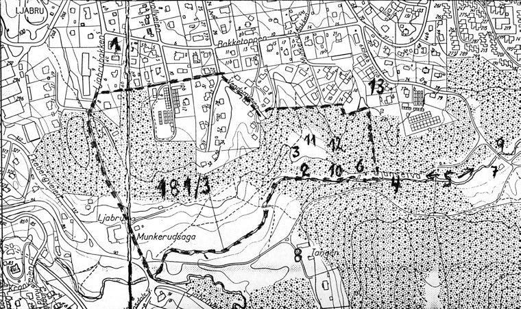 På kartutsnittet fra 1979, der vi bl a ser Kolstads gartneri i Munkerudveien til høyre i bildet og Olssons i Østvollveien til venstre, er grensen for eiendomssalget i 1811 angitt med stiplet strek.