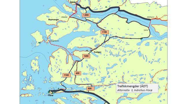 Figur 24. Trafikkmengd for alt. 3. Alternativ 3 medverkar til svakt mindre regional trafikk Måløy-Florø/Førde enn alt. 2, men lokaltrafikken mellom Svelgen og Florø aukar i noko større grad enn alt.