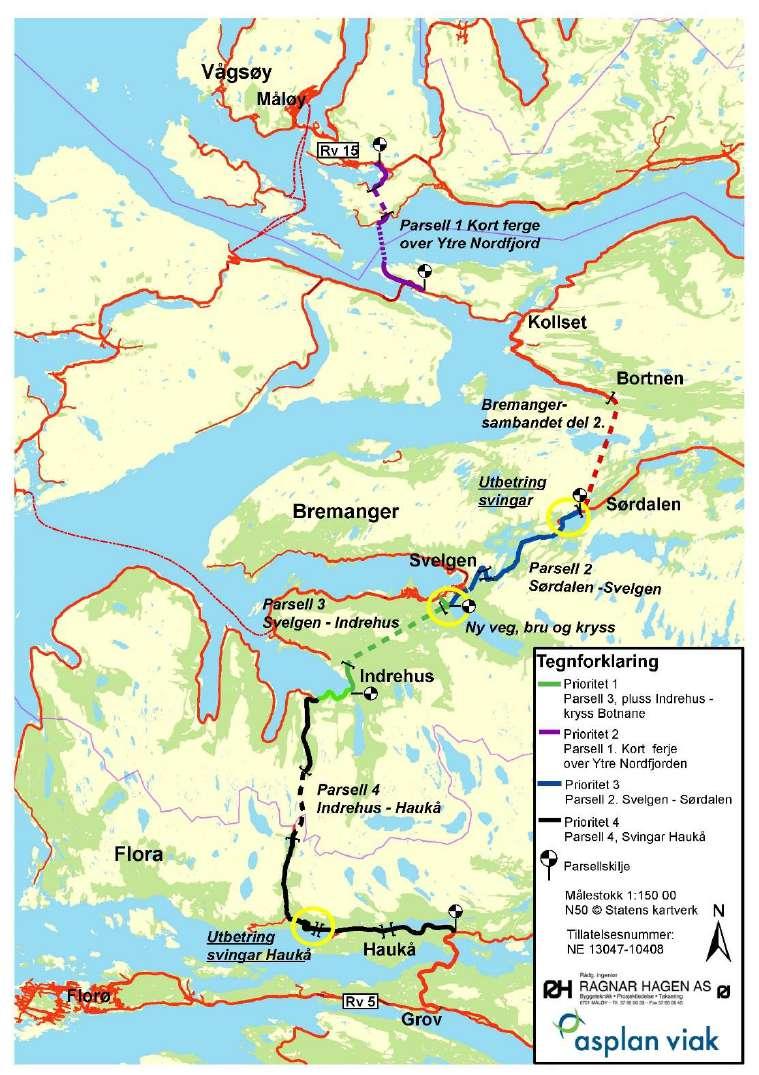 Tiltaka i alternativ 1 er: Innkorting av ferjesambandet over Ytre Nordfjord (tilførselsvegar, ferjekaier et.