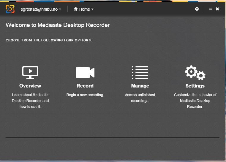 Brukerveiledning Mediasite Desktop Recorder (MDR) Starte opptak med MDR kan gjøres på to måter: 1. Oppstart direkte fra applikasjon på skrivebordet. 2. Oppstart fra Canvas.