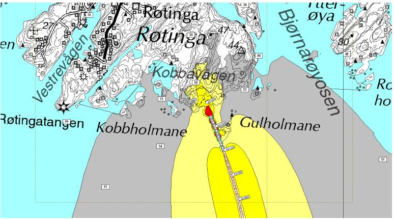 Figur 21 Støyutbreiing ved Gulholmane for alternativ K7-1, med 3 m skjerm på begge sider av veg 700 m sørover frå tunnelportal Heving eller senking av vegen er lite aktuelt, då høgda på flytebrua er