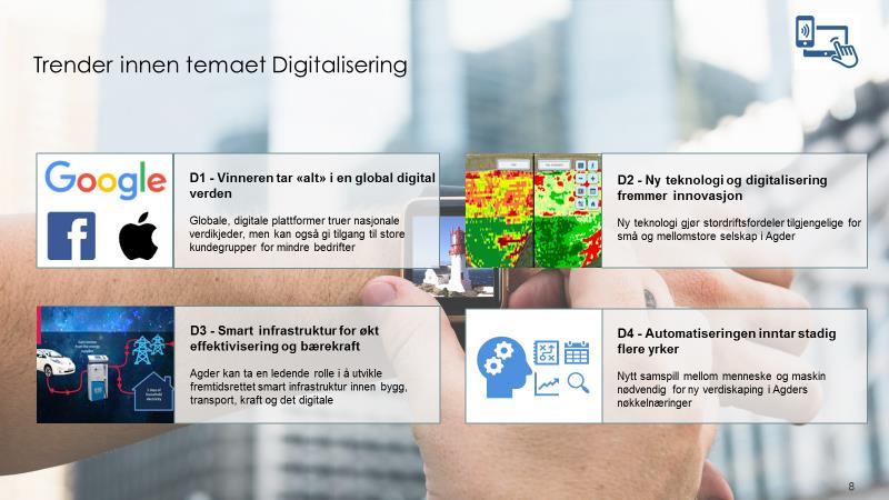 34 Næringsforesight for Agder mot 2030 Trendområde Digitalisering Trend D1: Vinneren tar «alt» i en global digital verden Globale, digitale plattformer truer nasjonale verdikjeder, men kan også gi