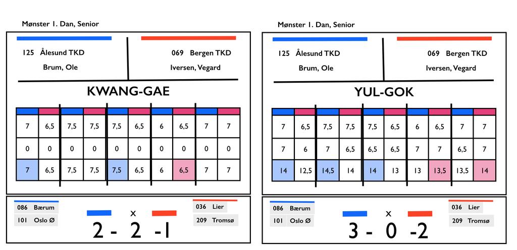 13. Avgjørelser a) Nederste grense for å kåre vinner er to (2) dommere for blå, to (2) for uavgjort og en (1) for rød og omvendt. Ved mindre antall dommere for en utøver/lag er det uavgjort.