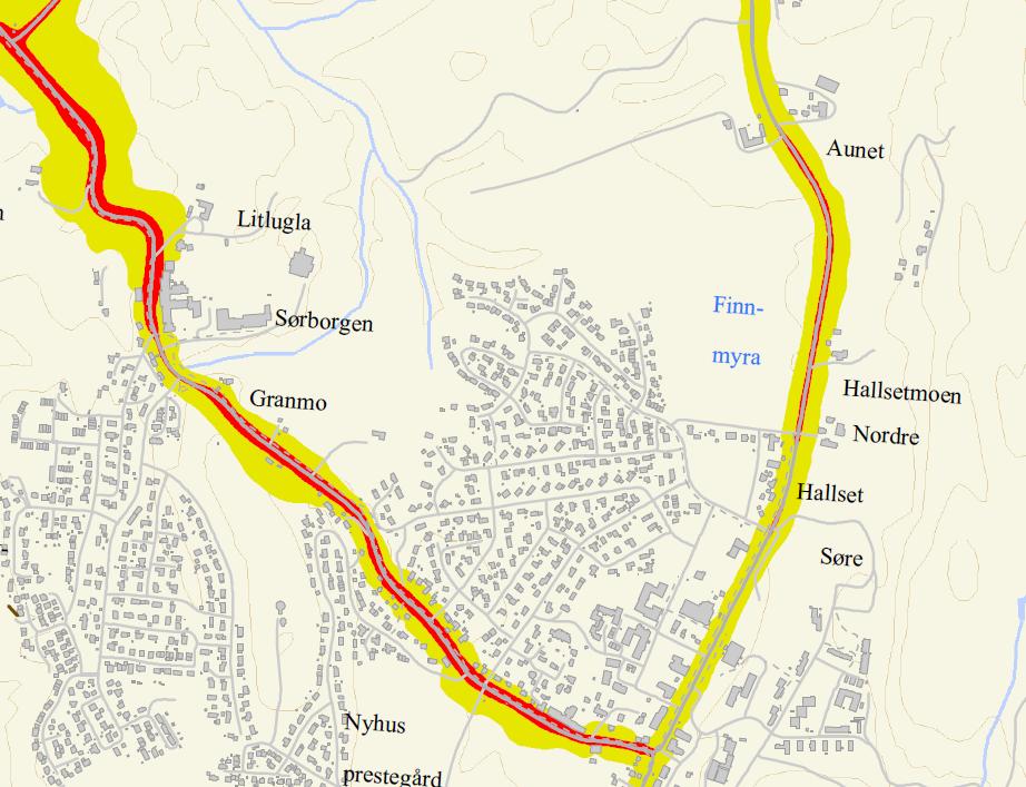 Beregnet støynivå (Lden (db)) er i gul sone 55-60, mens i rød sone ligger den over 65 og er ikke anbefalt å ha ved boligstrøk.