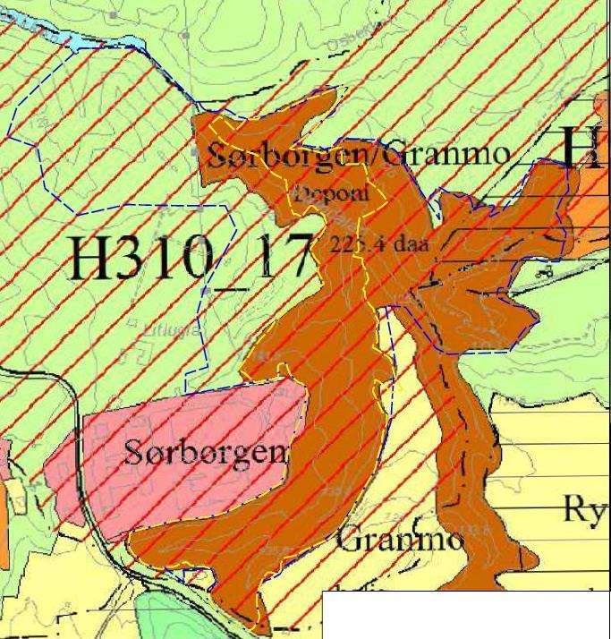 SØRBORGEN MASSEDEPONI 21 (35) 7. VIRKNINGER AV PLANFORSLAGET 7.1 Overordnede planer Ved varsling av oppstart av reguleringsarbeidet ble et nesten dobbelt så stort område utredet og gjennomgått.
