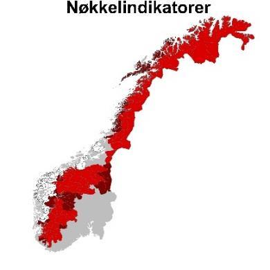 Figur 5.3. Geografisk fordeling av indikatorene for fjell per funksjonelle gruppe. Fargeskalaen angir antall indikatorer per kommune.