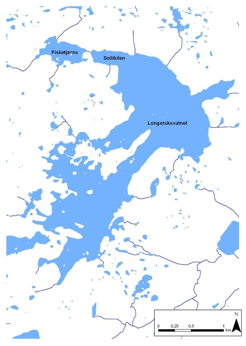 Fig. 3. Longerakvatn med Sollikilen i nord og Fisketjørn i nordvest (kart: Uni-Miljø) 1.2 Historikk om vasskvalitet og fiske Gyvatn var eit godt fiskevatn i tidlegare tider.