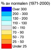 Enkelte målestasjoner opplevde også rekord i mye nedbør, men dette skyltes lokale intense regnbyger (blå trekanter i nord er feil i kartet).