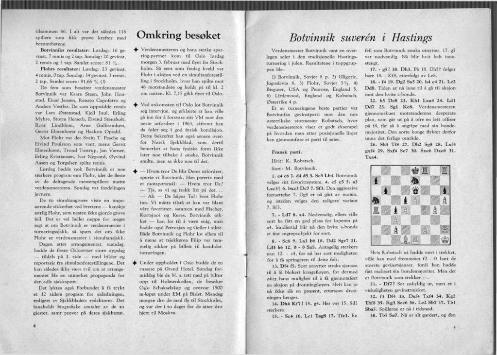 tilsammen 66. I alt var det således 116 spillere som fikk prøve krefter med berømthetene. Botvinniks resultater: Lørdag: 16 gevinst, 7 remis og 2 tap. Søndag: 20 gevinst, 2 remis og 3 tap.