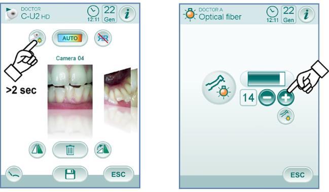 Følgende taster på TOUCH DISPLAY er tilgjengelige: Regulering av profilens farge (kun med kameraet dratt ut og i tilstand LIVE). Slå på/slå av kameraets led-lampe (kun med kameraet dratt ut).