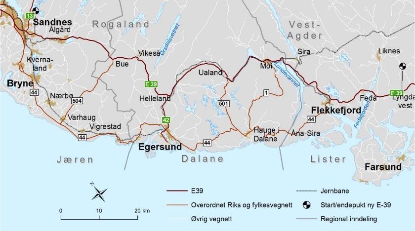 Utredningsområdet dagens situasjon Oversikt Figur 3-1: Utredningsområdet Utredningsområdet strekker seg fra Lyngdal vest i heiområdene vest for Fedafjorden i Vest- Agder, til Sandnes i Rogaland.