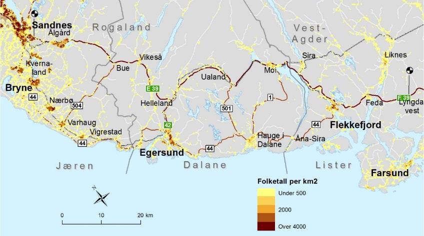 Befolkning og næringsliv Den største befolkningskonsentrasjonen er i nord-vest og omfatter deler av det sammenhengende byområdet Stavanger-Sandnes.