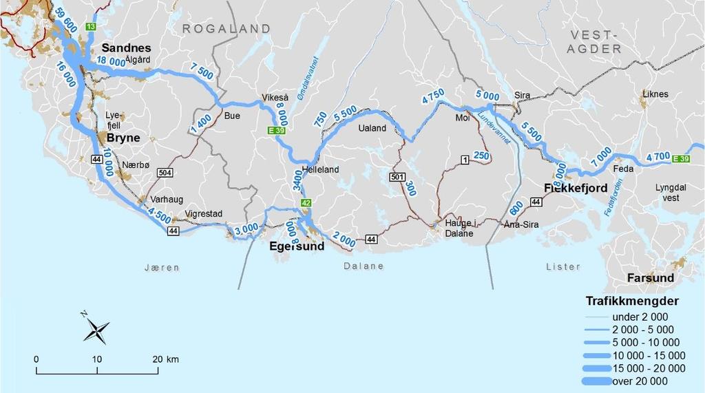 Trafikken øker markert på dagens E39 fra Ålgård innover mot Sandnes til vel 20 000 i ÅDT inn mot krysset ved Hove.