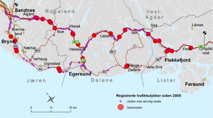 Trafikkulykker I perioden 2005-2015 ble det registrert 68 ulykker med drepte eller alvorlig skadde langs E39 i utredningsområdet.