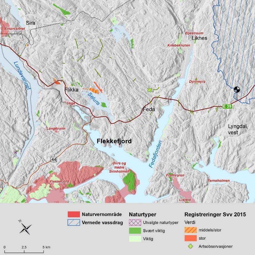 Naturmangfold Kartene som illustrerer dette kapittelet viser ulike naturverdier registrert i naturbase.no samt registreringer i områder lags dagens E39 av Asplan Viak for Statens vegvesen i 2105.