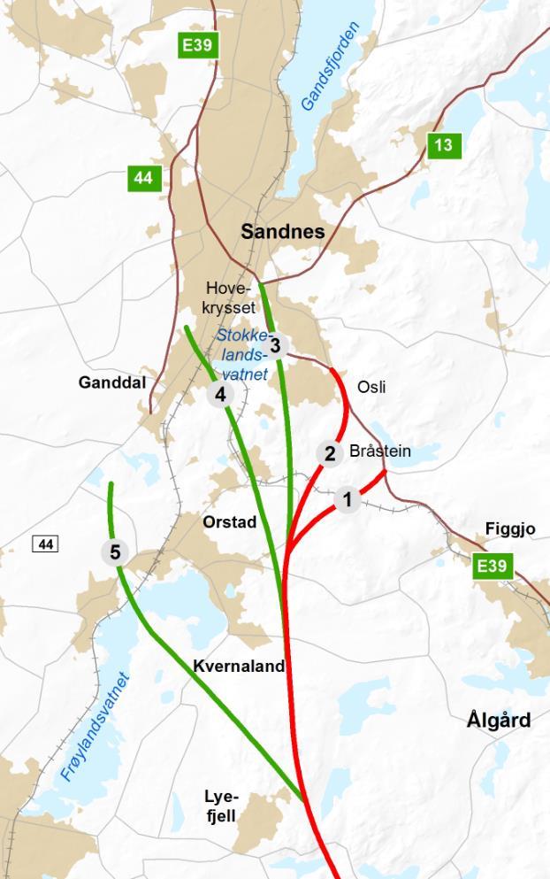 De tre hovedkorridorene har felles utgangspunkt Lyngdal, men ulike endepunkt i Sandnes: Indre korridor ender ved Ålgård i Gjesdal kommune.